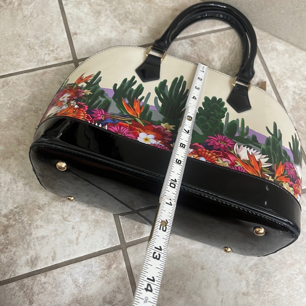 Frida Kahlo Dome Satchel Bag and Matching Coin Pouch Black Patent Cream Floral - Picture 7 of 12